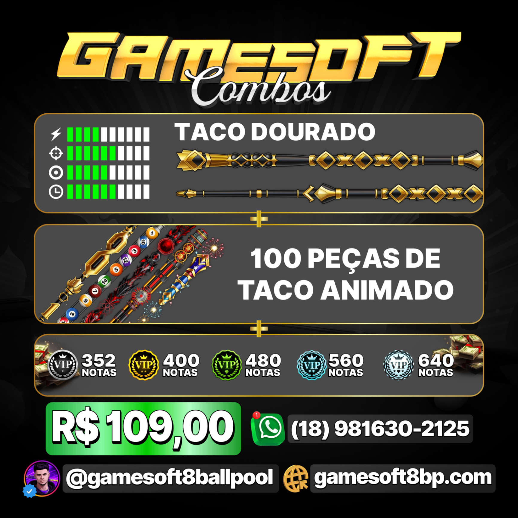 TACO DOURADO + 100 PEÇAS DE TACO ANIMADO + NOTAS